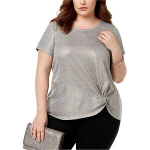 INC International Concepts Plus Glitz Silver Blouse Size 1X Twist Front Top